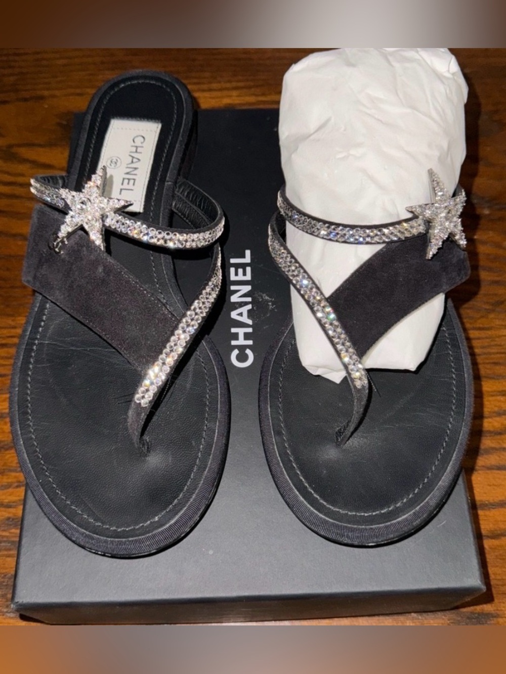 100% Aunthentic CHANEL Black crystal  suede/leather Sandals